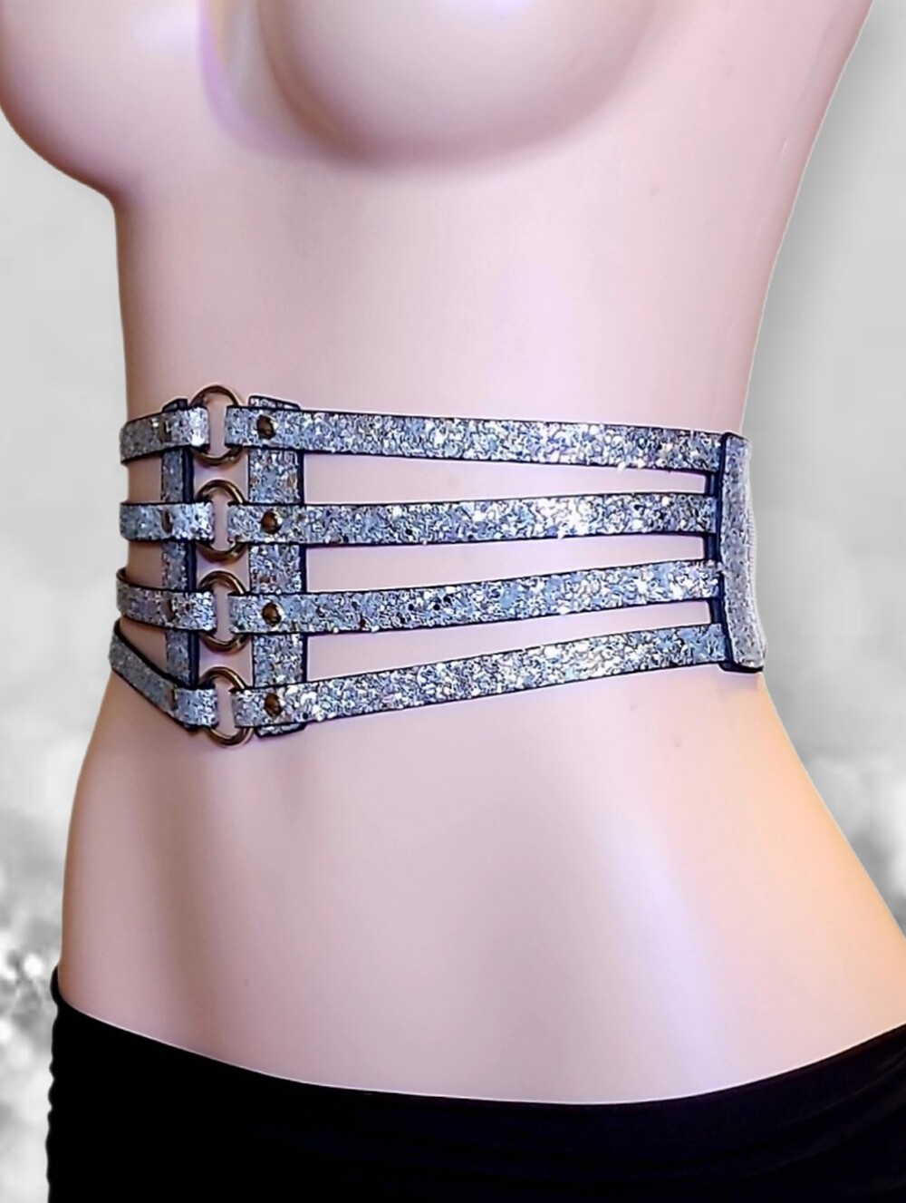 Silver Glitter Rhinestone Wide Elastic Corset Belt Cage Strappy O Ring One Size
